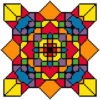 An abstract geometric design, symmetrical from the centre and rendered in pixel-art style. The corners are yellow, and the cardinal points orange. Below the corners, are similar designs in blue and purple. Below the orange points, yellow and green. Below that, the first set of colours repeated, turned 90 degrees. This pattern repeats, decreasing in resolution, as it meets the centre.