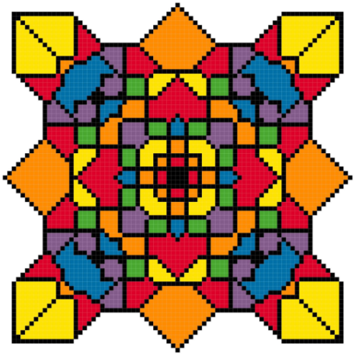 An abstract geometric design, symmetrical from the centre and rendered in pixel-art style. The corners are yellow, and the cardinal points orange. Below the corners, are similar designs in blue and purple. Below the orange points, yellow and green. Below that, the first set of colours repeated, turned 90 degrees. This pattern repeats, decreasing in resolution, as it meets the centre.
