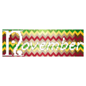 The word "November" in white with grey outline is centered. Green zigzags the middle. After that, yellow on both sides. Then tan. Then red. Then yelow, then green again.