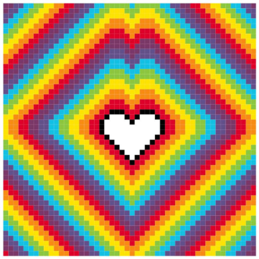 A white heart outlined in black sits at the centre. It is ringed in stripes of red, orange, yellow, green, blue, indigo, and violet. The pattern repeats, forming a series of nested diamond-shapes that radiate off the borders. repeats,