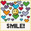 Centered is a yellow smiling emoji. It is surrounded by digital hearts, in blue, purple, red, orange, cyan, and green. Below, the word 
