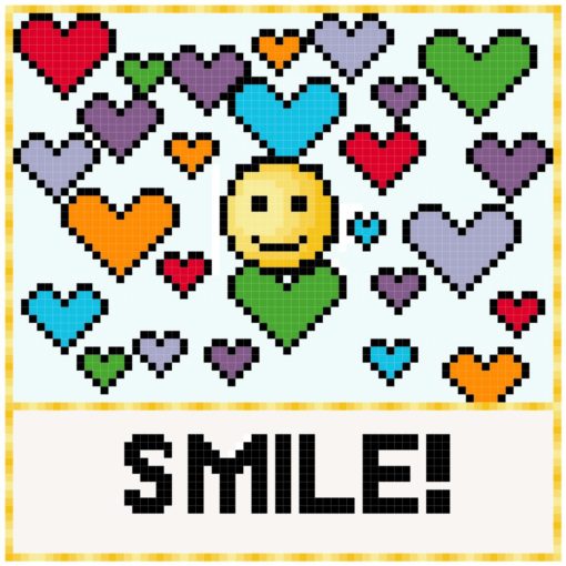 Centered is a yellow smiling emoji. It is surrounded by digital hearts, in blue, purple, red, orange, cyan, and green. Below, the word "SMILE!" is written in block text. Both the word and the images are bordered in variegated gold.