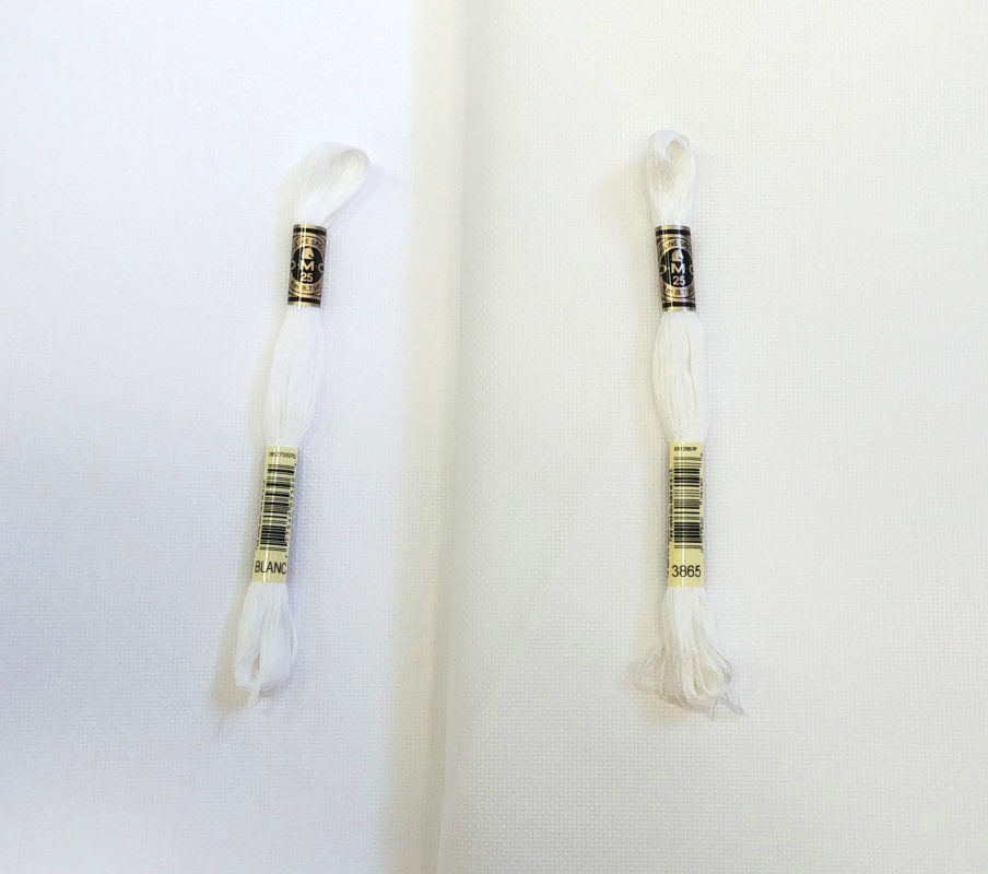 two pictures of white floss bundles laid on aida fabric. The floss is not pure high-white, so much as a more natural, softer, white
