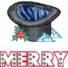 A charcoal top hat sits upside down in a small snow drift, a sprig of holly leaves and berries along the edge of the crown. The lining in blue satin. The word "MERRY", white with red outline and decorated with green balls is below.