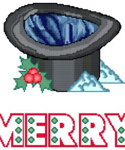 A charcoal top hat sits upside down in a small snow drift, a sprig of holly leaves and berries along the edge of the crown. The lining in blue satin. The word "MERRY", white with red outline and decorated with green balls is below.