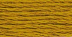 A close-up view of embroidery thread skeins, held taught horizontally. The shade is a deep, dark yellow, like ripe grain fields.
