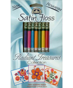 A carboard packet is printed with a curl of light clue satin fabric. In a cut-out window in the middle are packed eight glossy floss skeins: blue, pink, light blue, orange, green, yellow, red, and lilac. Across the bottom are three pictures of cross stitched stylized flowers. Text reads, "New Satin Floss, Radiant Treasures Collection. Free design inside."."