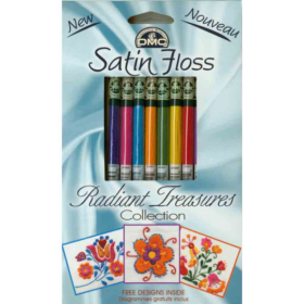 A carboard packet is printed with a curl of light clue satin fabric. In a cut-out window in the middle are packed eight glossy floss skeins: blue, pink, light blue, orange, green, yellow, red, and lilac. Across the bottom are three pictures of cross stitched stylized flowers. Text reads, "New Satin Floss, Radiant Treasures Collection. Free design inside."."