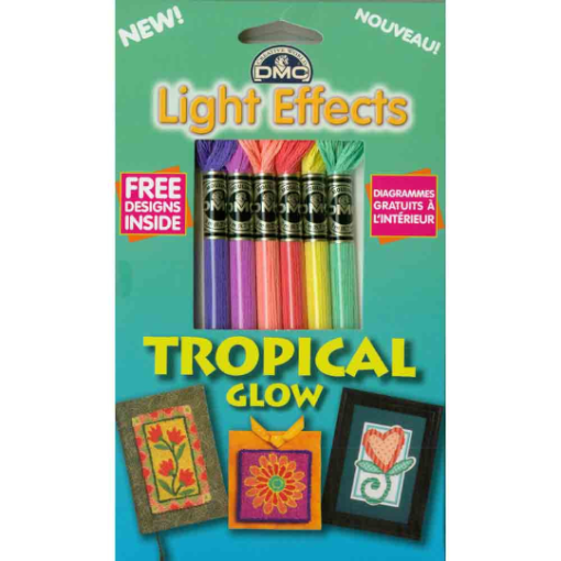 A carboard packet is printed with a green to blue gradient. In a cut-out window in the middle are packed six floss skeins: blue, lilac, pink, salmon, yellow, mint green. Across the bottom are pictures of cross stitched flowering vines, flower head, and cartoon heart-flower. Text reads, "New! Light Effects Tropical Glow."