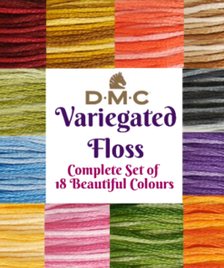 In the center of a square image, purple and pink text on a white background reads, "DMC Variegated Floss. Complete Set of 18 Beautiful Colours." Close-up photos of the floss selections are arranged around the centre. Clockwise from upper left: dark reds, dark yellows, dark pinks, light browns, greys and whites, purples, oranges, medium greens, light pinks, light yellows, light blues, light greens.