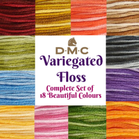 In the center of a square image, purple and pink text on a white background reads, "DMC Variegated Floss. Complete Set of 18 Beautiful Colours." Close-up photos of the floss selections are arranged around the centre. Clockwise from upper left: dark reds, dark yellows, dark pinks, light browns, greys and whites, purples, oranges, medium greens, light pinks, light yellows, light blues, light greens.