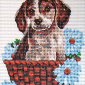 Beagle Puppy with Flowers PRINTED CANVAS for Needlepoint