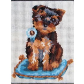 Yorkshire Terrier on Blue Cushion PRINTED CANVAS for Needlepoint