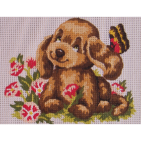 Cute Puppy with Butterfly PRINTED CANVAS for Needlepoint