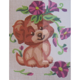 Puppy and Petunias PRINTED CANVAS for Needlepoint