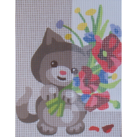 Cute Cat with Poppy Bouquet PRINTED CANVAS for Needlepoint