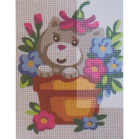 Kitty in a Flowerpot PRINTED CANVAS for Needlepoint