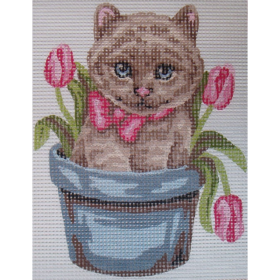 Kitten and Tulips PRINTED CANVAS for Needlepoint