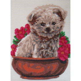 Puppy in Flowerpot PRINTED CANVAS for Needlepoint